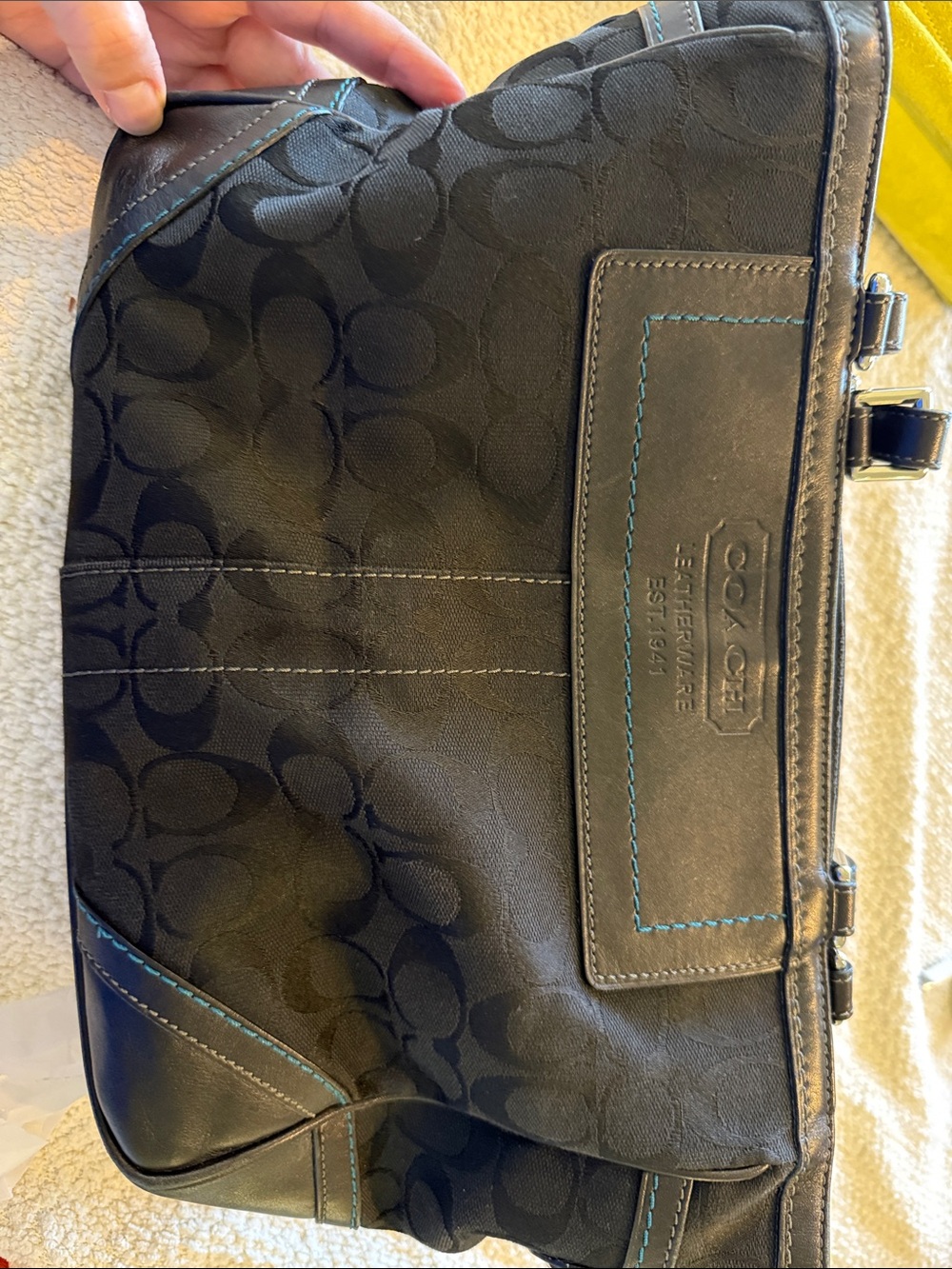 COACH Black Signature Canvas Bag with Teal Stitching